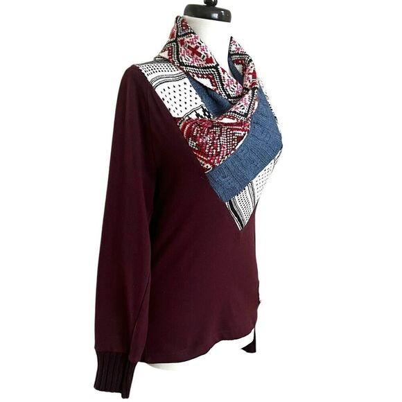 Desigual Patchwork Shawl Neck Pullover Sweater S Burgundy Cottagecore - Picture 15 of 16